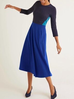 Boden Ivy Ponte Midi Dress Colorblock Fit & Flare Blue Teal Navy 3/4 Sleeve 12R